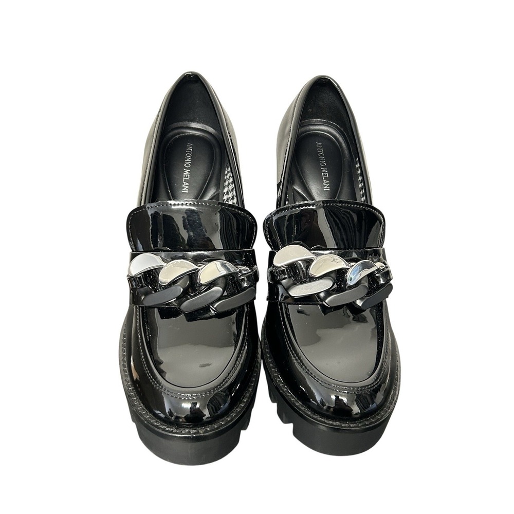 Antonio Melani Black Patent Chunky Lug Sole Loafers Chain‎ Link Heel Size 8M